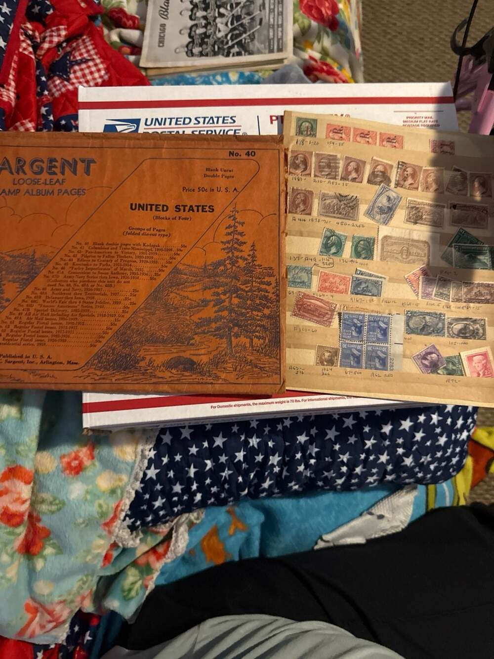 Vintage Sargent No. 40 Loose-Leaf Stamp Album Pages with US Stamp Collection